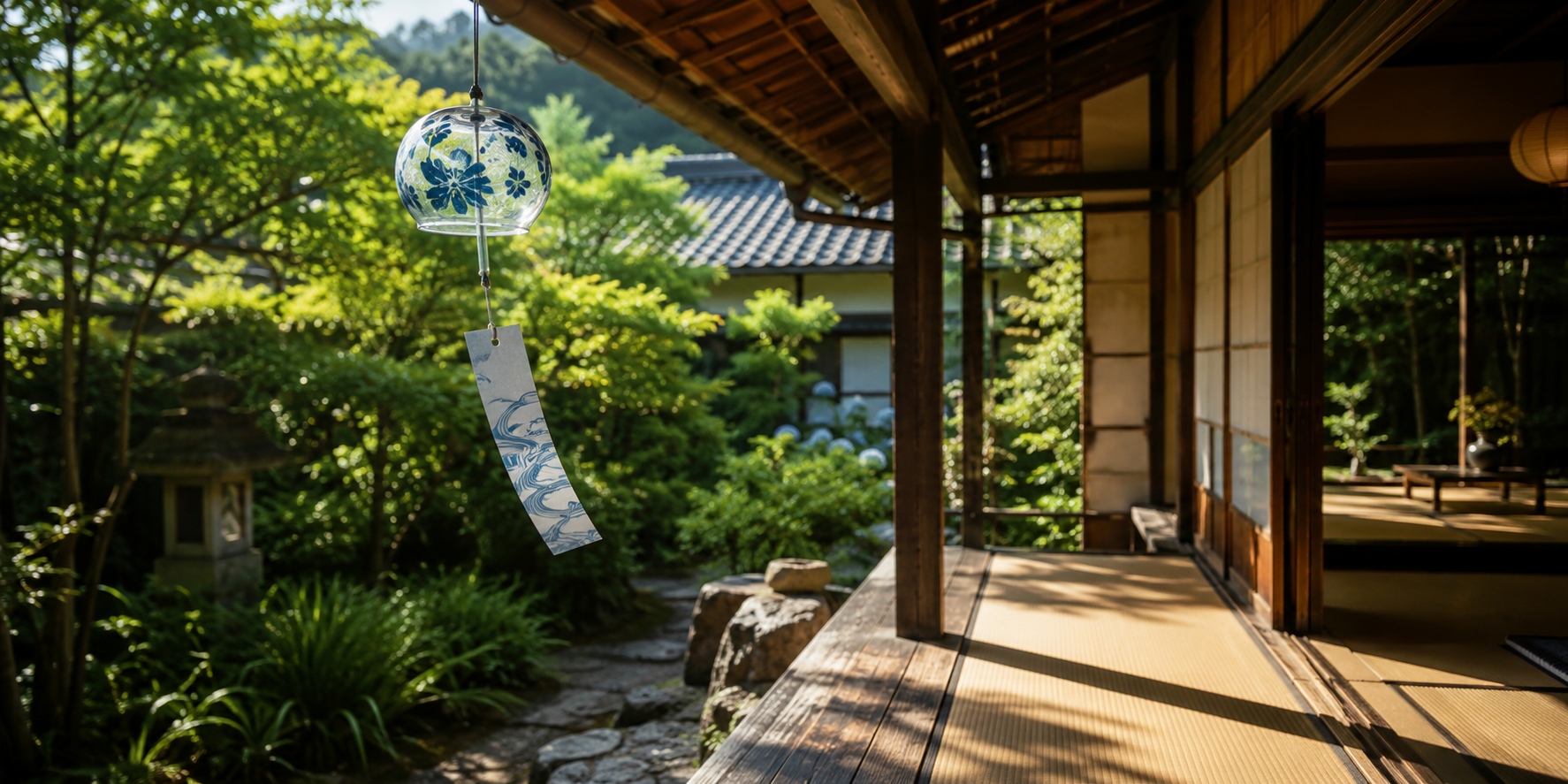 縁側に吊るされた風鈴と、青々と茂る庭の風景
